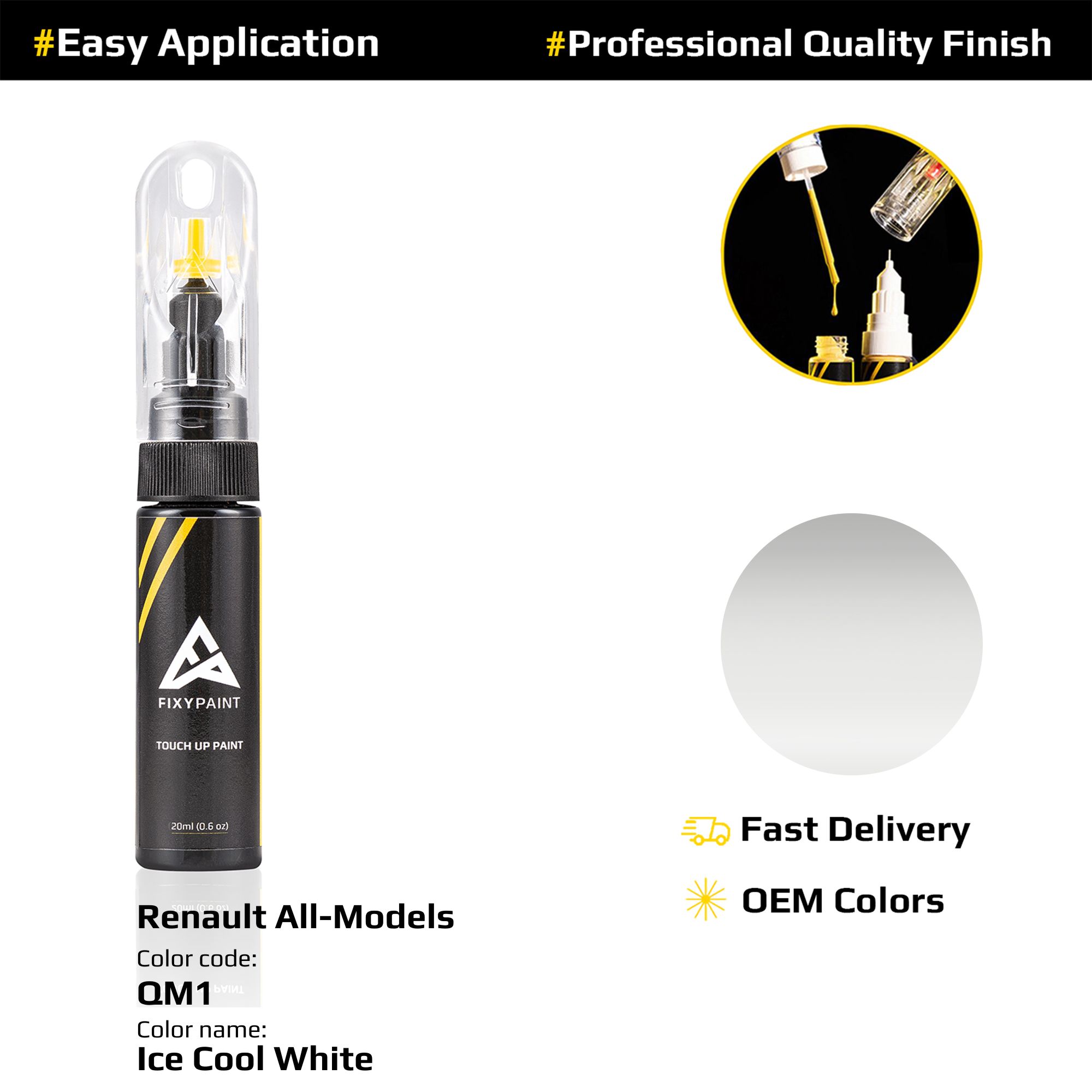 Touch up Paint for Renault Code: QM1 Ice Cool White Exact Color Match